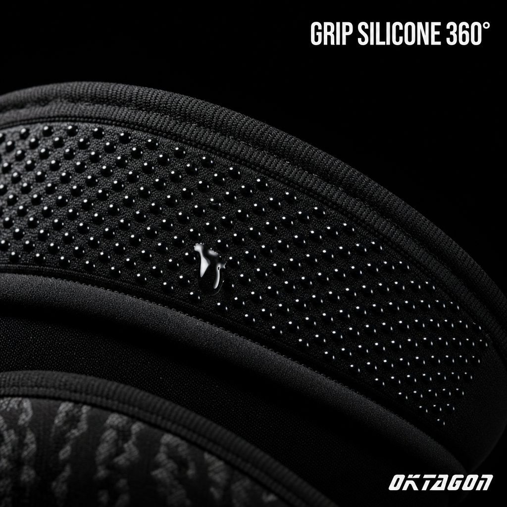 Grip silicone 360° — détail intérieur de la genouillère OKTAGON Pro